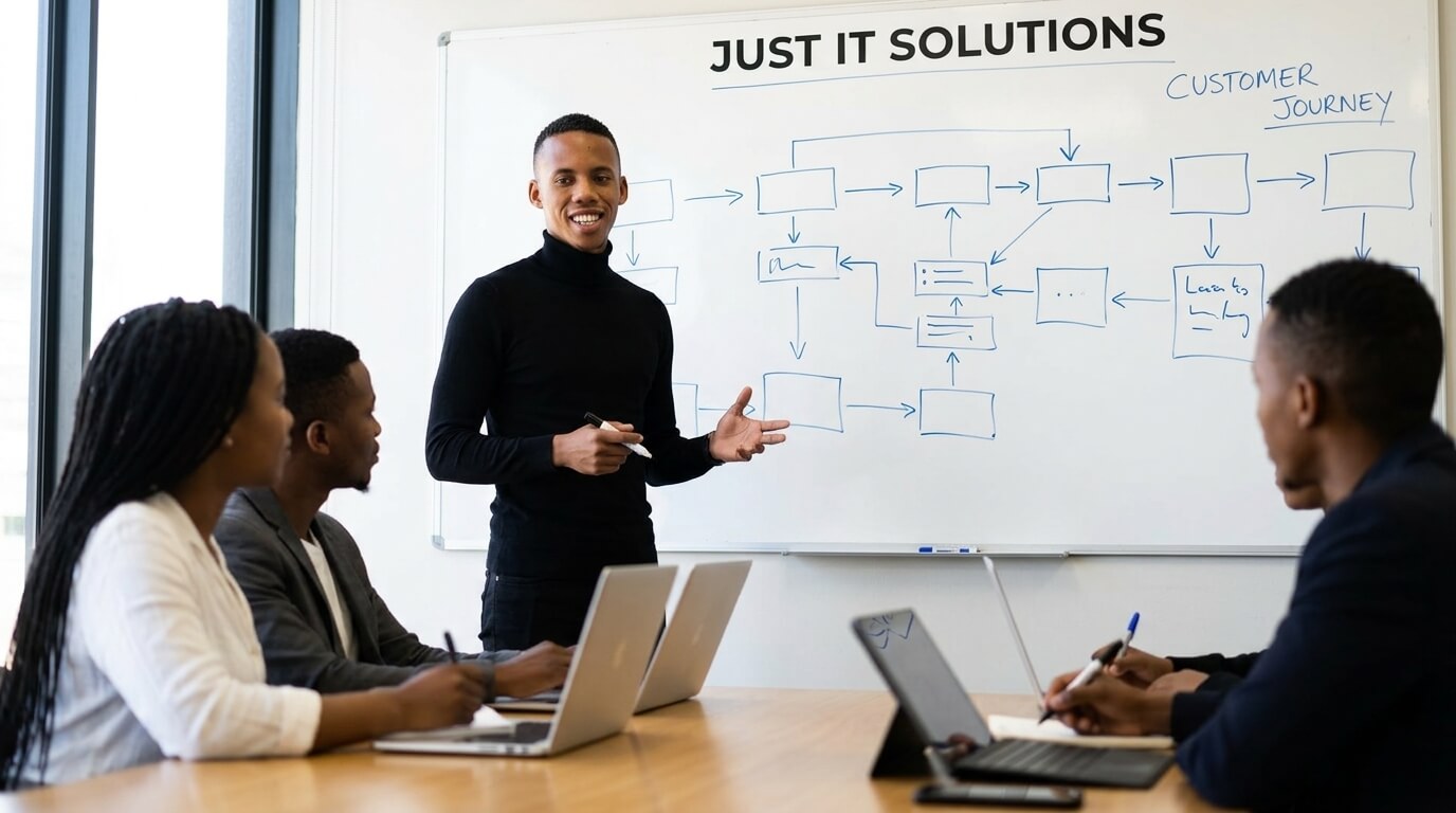 Phenyo, founder of Just IT Solutions, presenting a customer journey strategy to the team